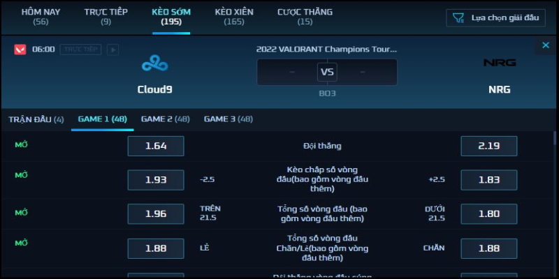 Bảng kèo trận đấu giữa Cloud 9 vs NRG  6h ngày 12/8/22