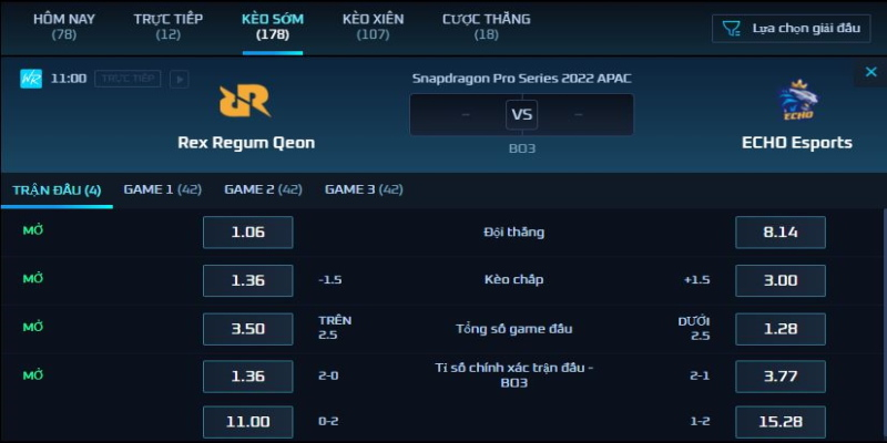Bảng kèo trận đấu giữa Rex Regum Qeon vs ECHO Esports 11h ngày 15/9/22