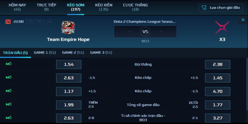 Bảng kèo trận đấu giữa Team Empire Hope vs X3 22h ngày 1/10/22